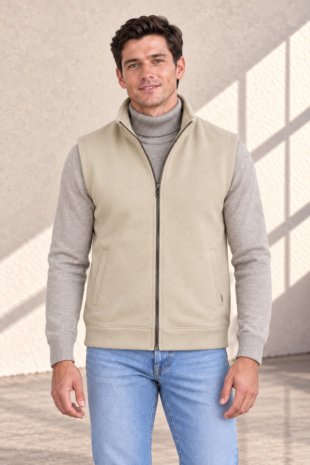 Men’s Natural Melange German Velvet Knitted Gilet – Regular Fit Full Zip Sleeveless Jacket