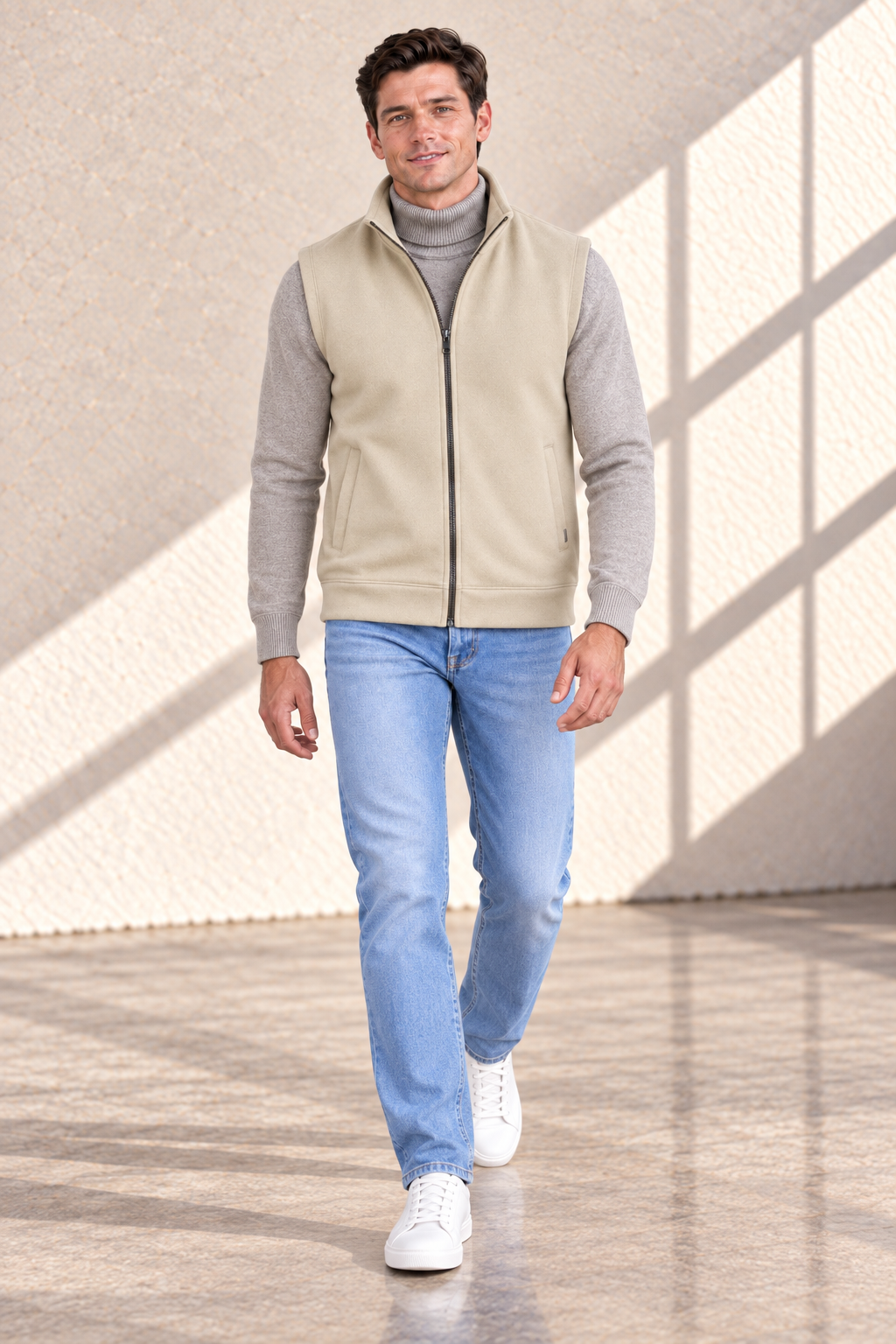 Men’s Natural Melange German Velvet Knitted Gilet – Regular Fit Full Zip Sleeveless Jacket