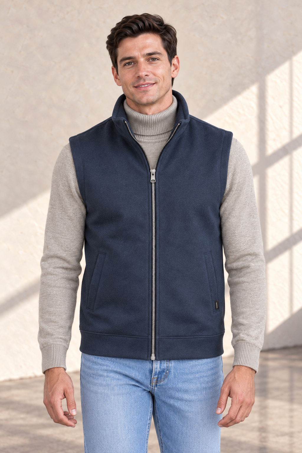 Men’s Navy German Velvet Knitted Gilet – Regular Fit Full Zip Sleeveless Jacket