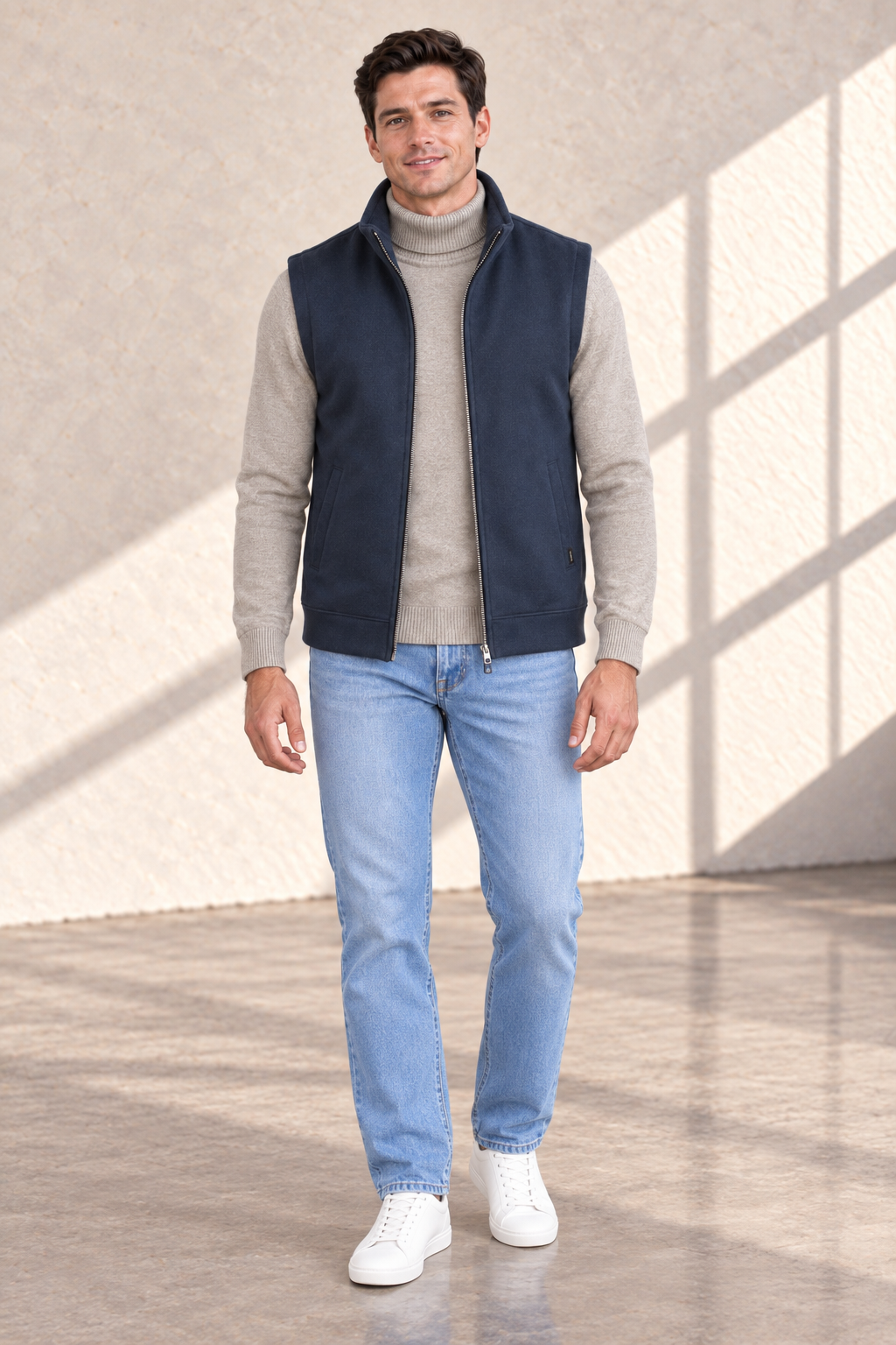 Men’s Navy German Velvet Knitted Gilet – Regular Fit Full Zip Sleeveless Jacket