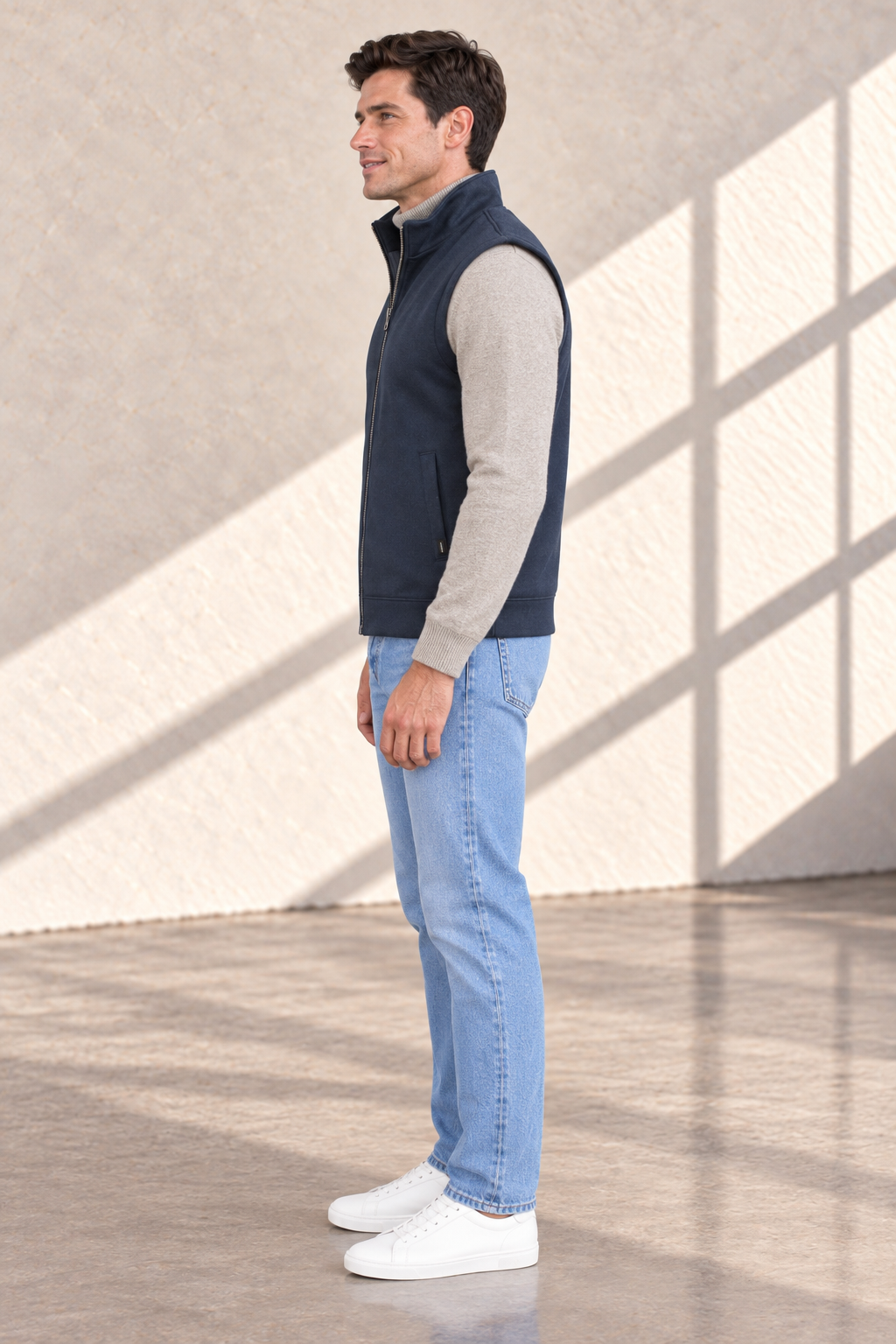 Men’s Navy German Velvet Knitted Gilet – Regular Fit Full Zip Sleeveless Jacket