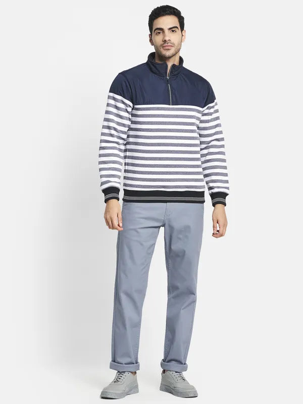 Men Navy Blue Striped Sweatshirt