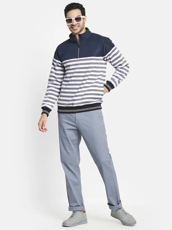 Men Navy Blue Striped Sweatshirt