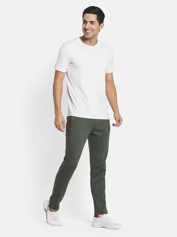 Men Olive Melange Green Solid Cotton Track Pants