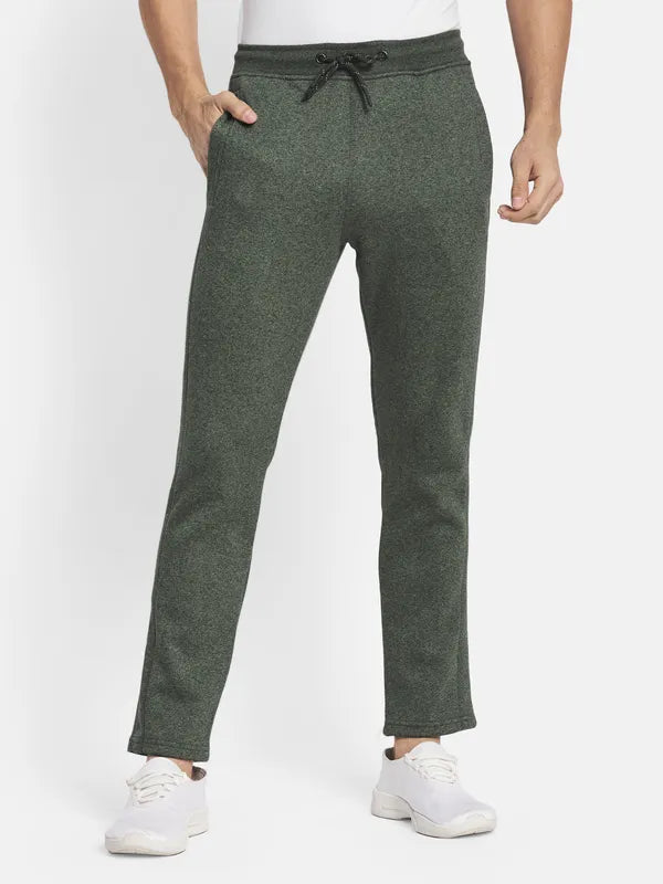 Men Olive Melange Green Solid Cotton Track Pants