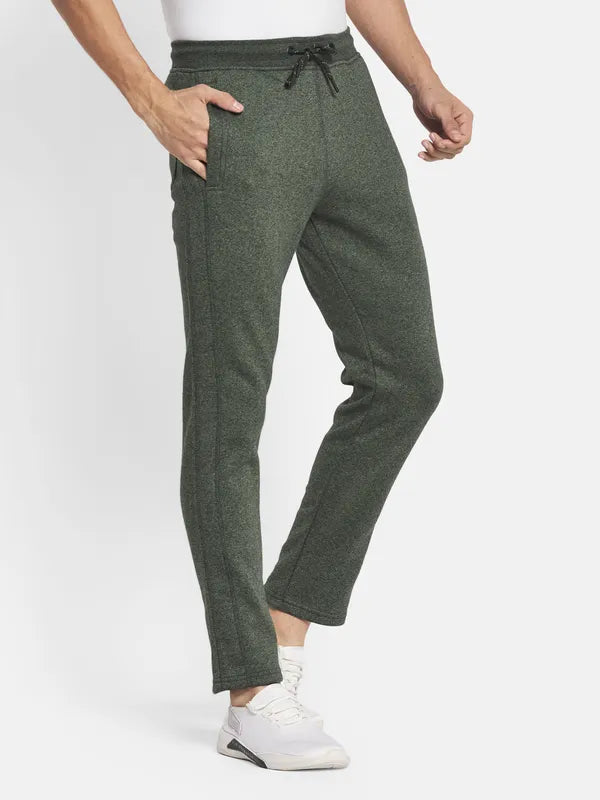 Men Olive Melange Green Solid Cotton Track Pants