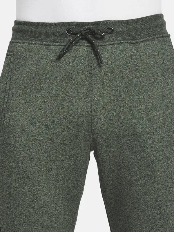 Men Olive Melange Green Solid Cotton Track Pants