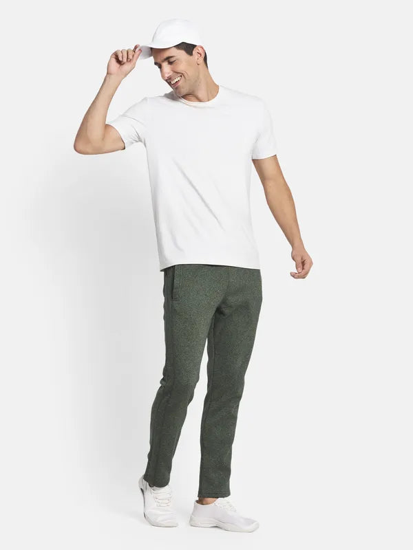 Men Olive Melange Green Solid Cotton Track Pants