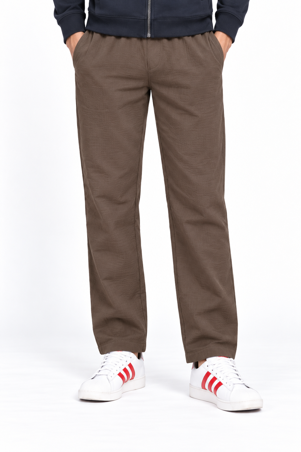 Men’s Espresso Seersucker Knitted Lower – Regular Fit Textured Casual Trousers