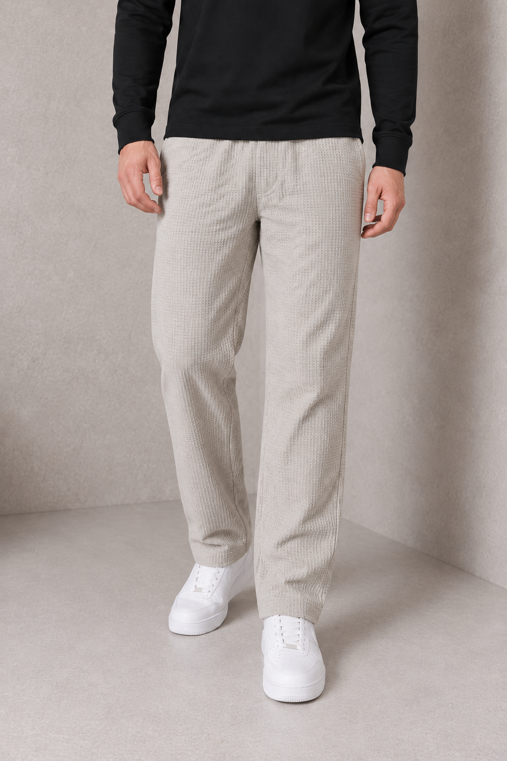 Men’s Linen Melange Seersucker Knitted Lower – Regular Fit Textured Casual Trousers