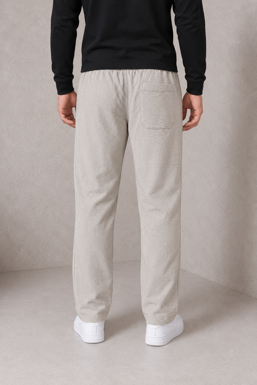 Men’s Linen Melange Seersucker Knitted Lower – Regular Fit Textured Casual Trousers
