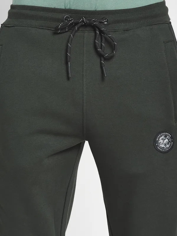 Men Olive Black Solid Cotton Track Pants