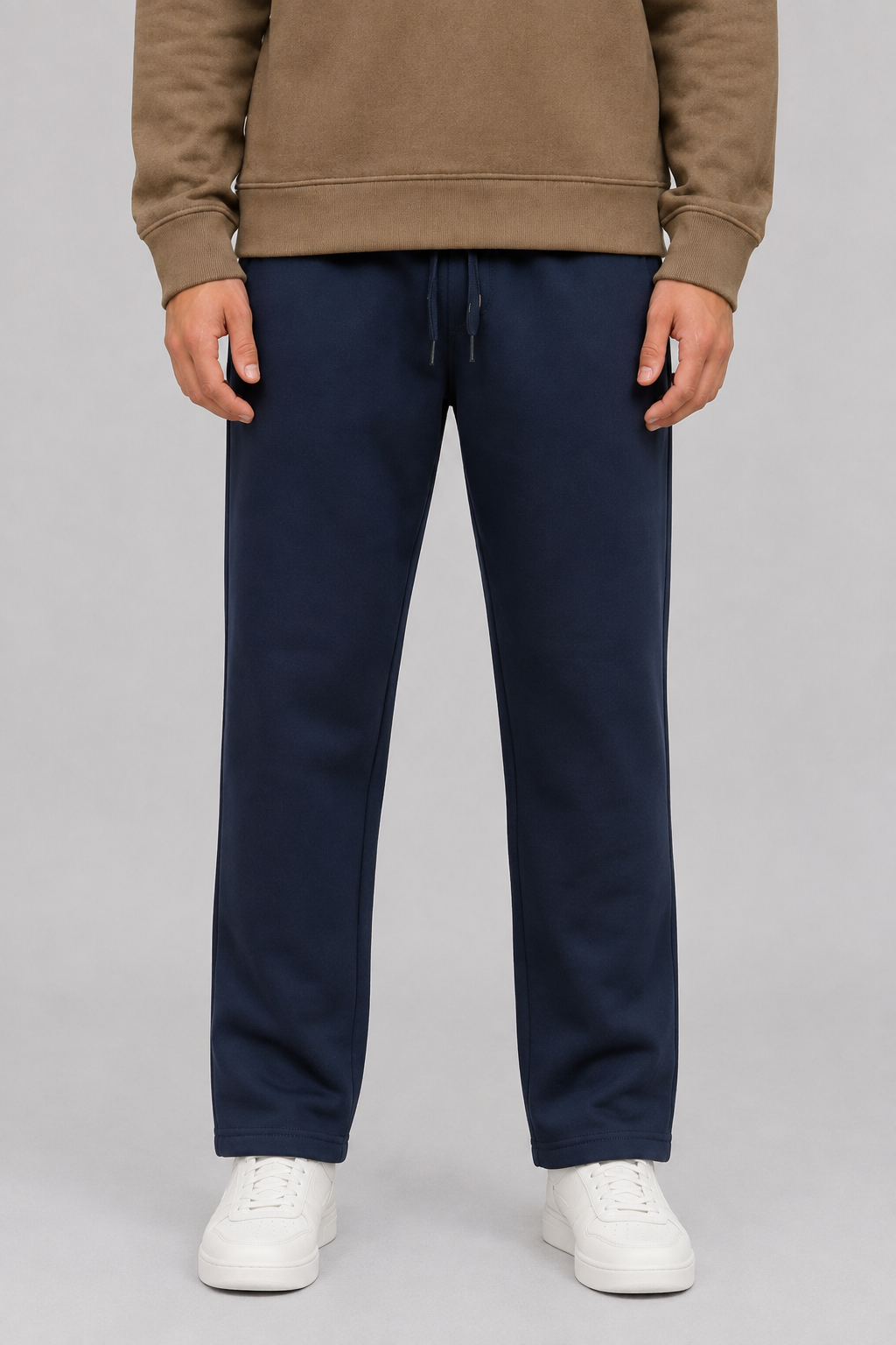 Men’s Dark Navy Brushed Cotton Fleece Winter Lower – Regular Fit Knitted Track Pants with Side Stripes