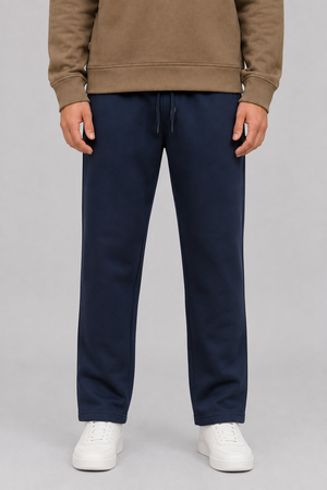 Men’s Dark Navy Brushed Cotton Fleece Winter Lower – Regular Fit Knitted Track Pants with Side Stripes