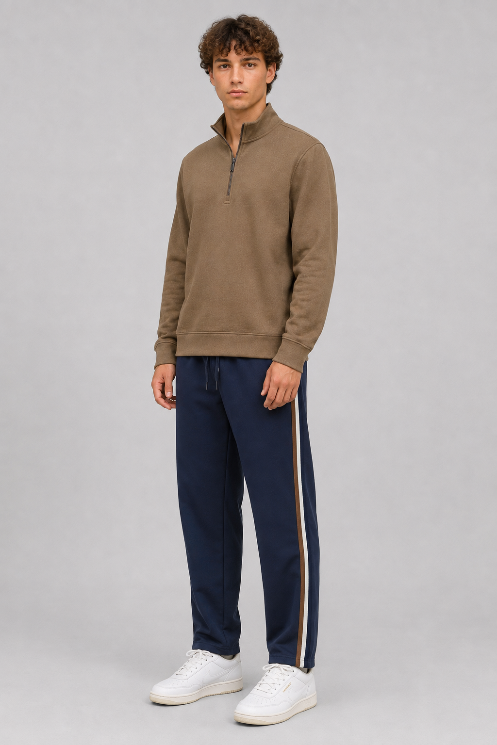 Men’s Dark Navy Brushed Cotton Fleece Winter Lower – Regular Fit Knitted Track Pants with Side Stripes