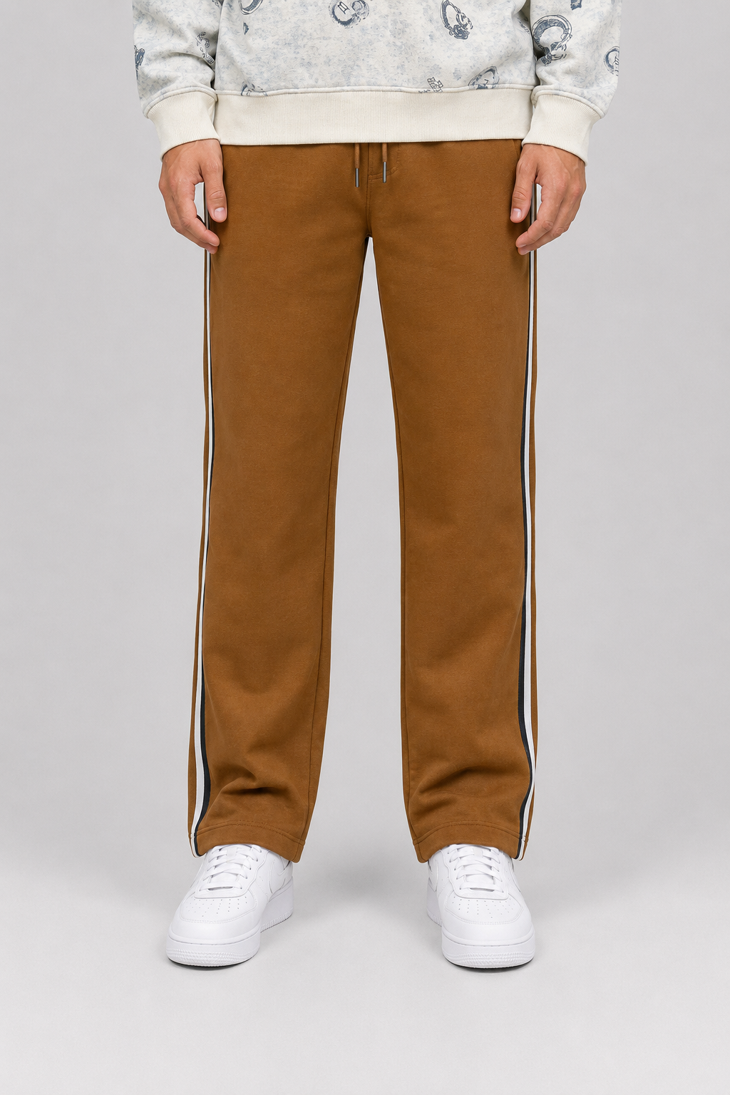 Men’s Tan Brushed Cotton Fleece Winter Lower – Regular Fit Knitted Track Pants with Side Stripes