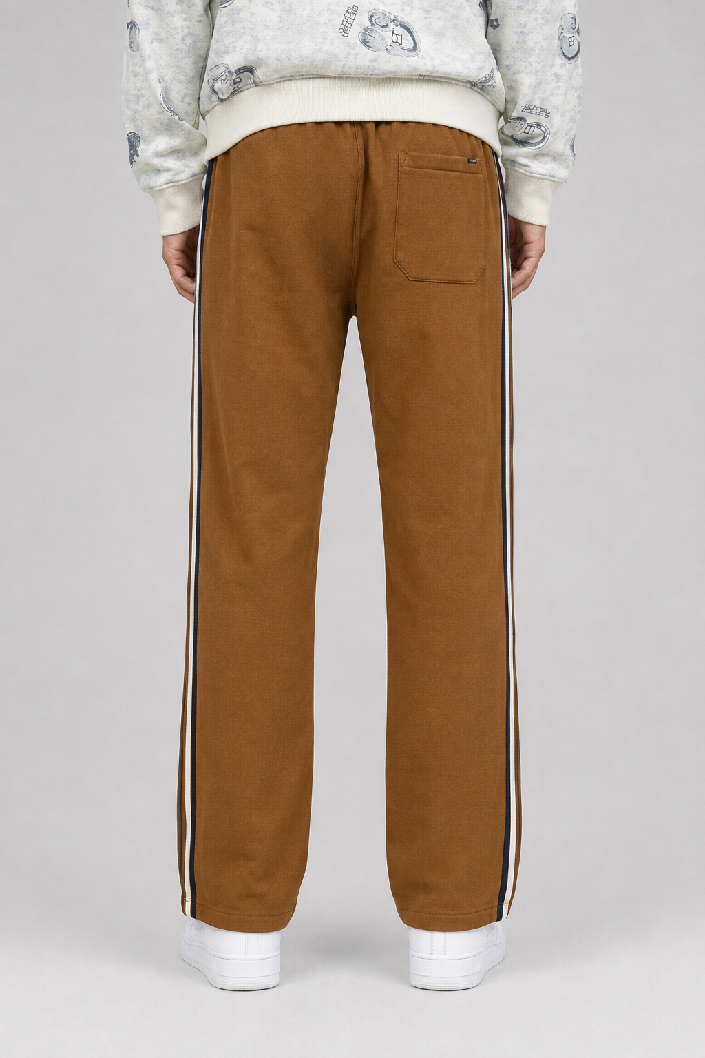 Men’s Tan Brushed Cotton Fleece Winter Lower – Regular Fit Knitted Track Pants with Side Stripes