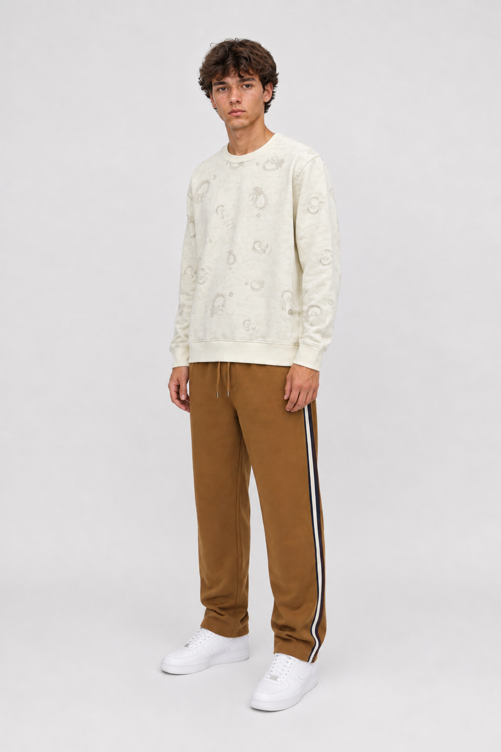 Men’s Tan Brushed Cotton Fleece Winter Lower – Regular Fit Knitted Track Pants with Side Stripes