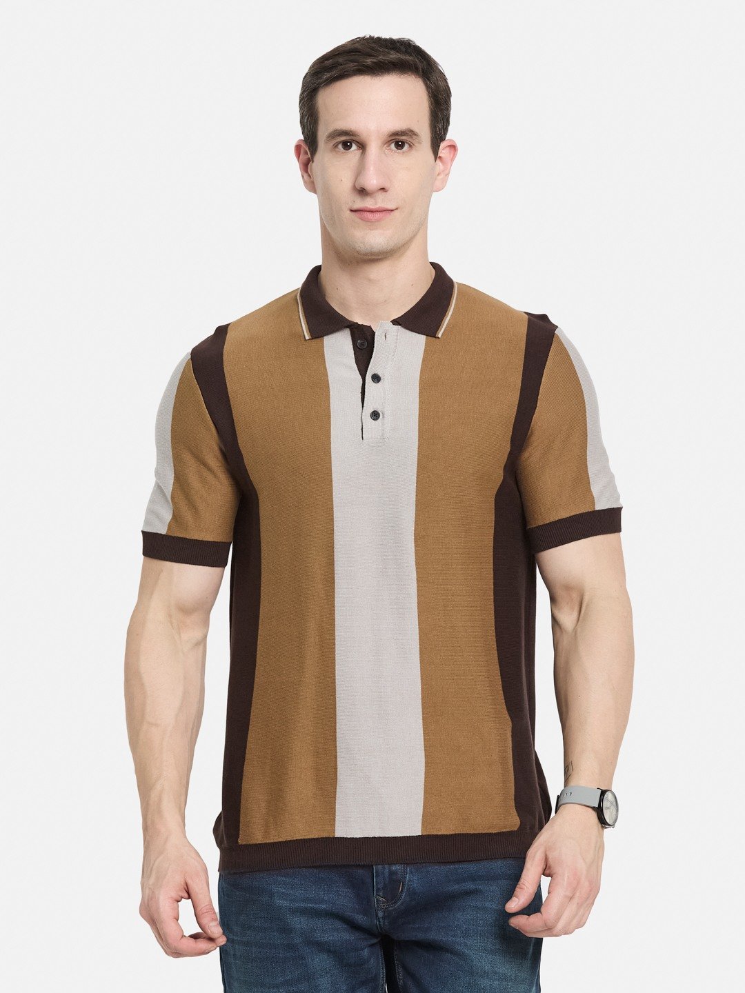 METTLE Men Colourblocked Polo Collar Cotton T-shirt
