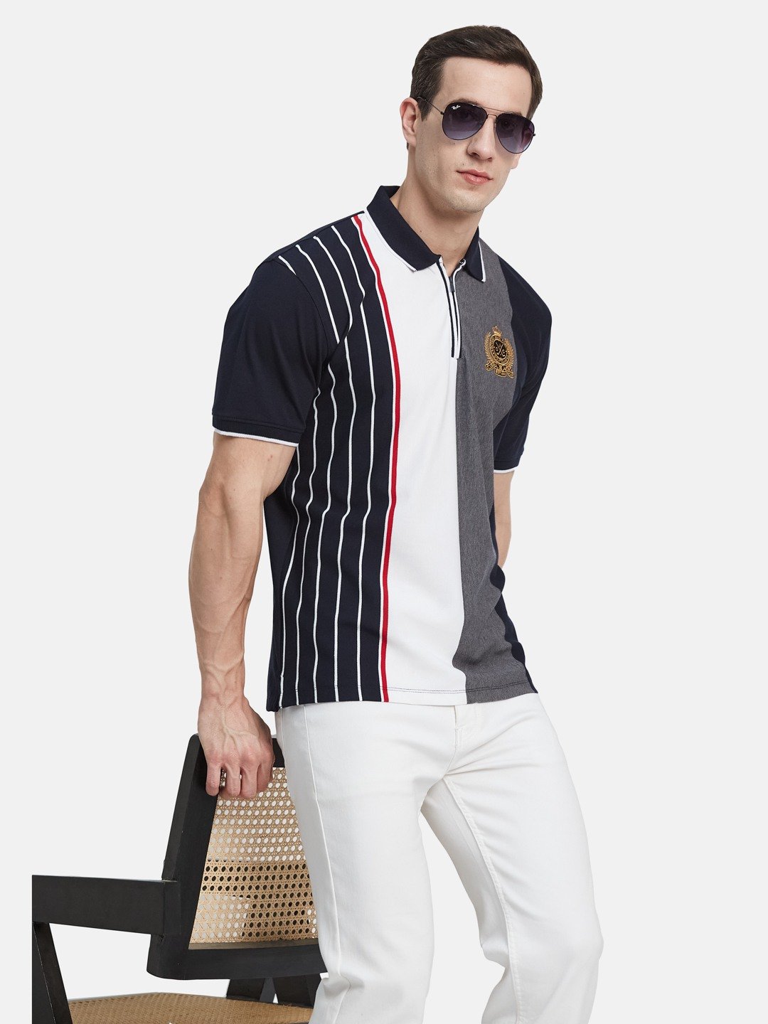 VERTICAL STRIPE HALF-ZIP POLO NECK PIQUE LYCRA T-SHIRT