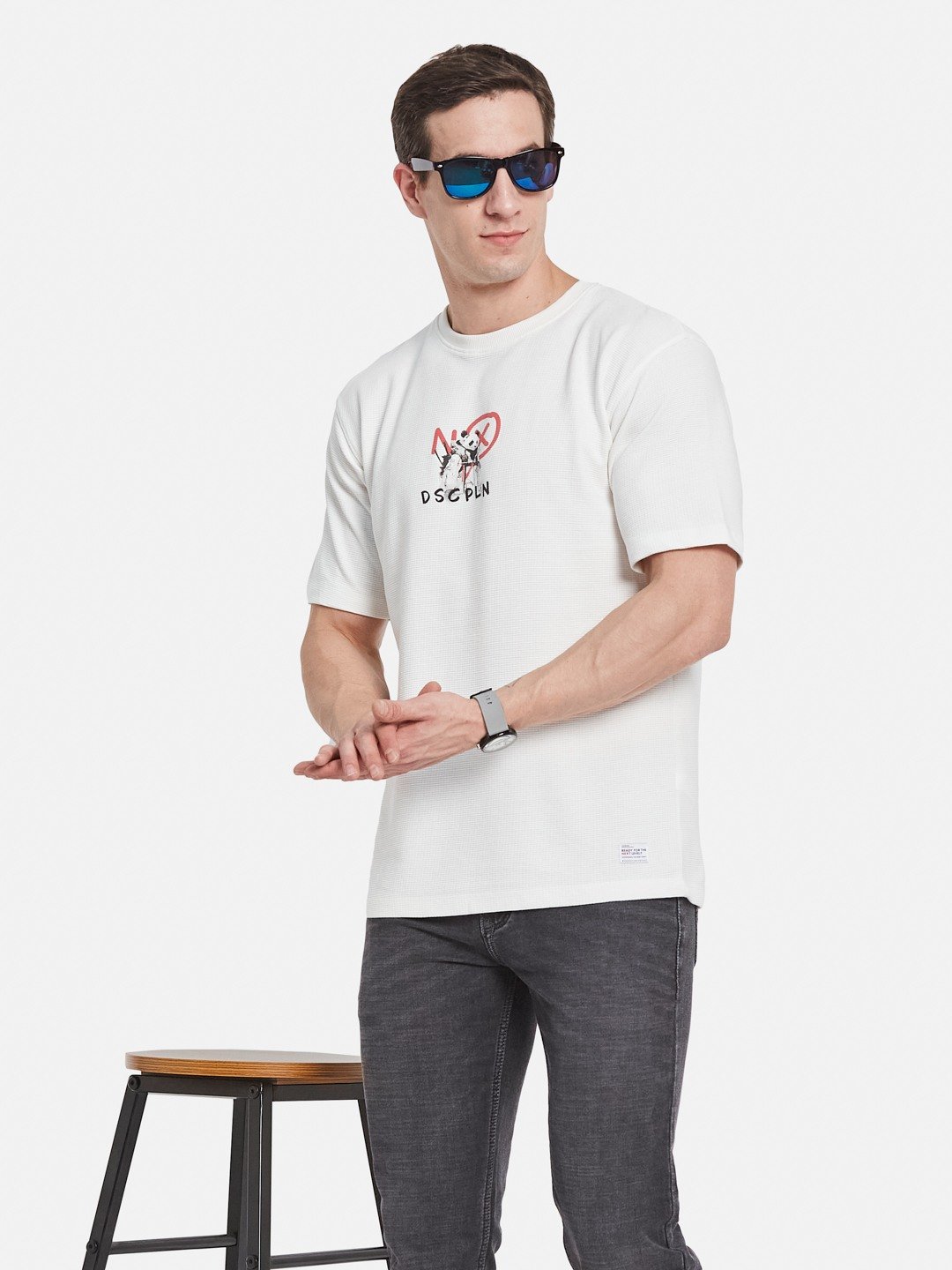 OVERSIZED BACK PRINT ROUND NECK BOX KNIT T-SHIRT