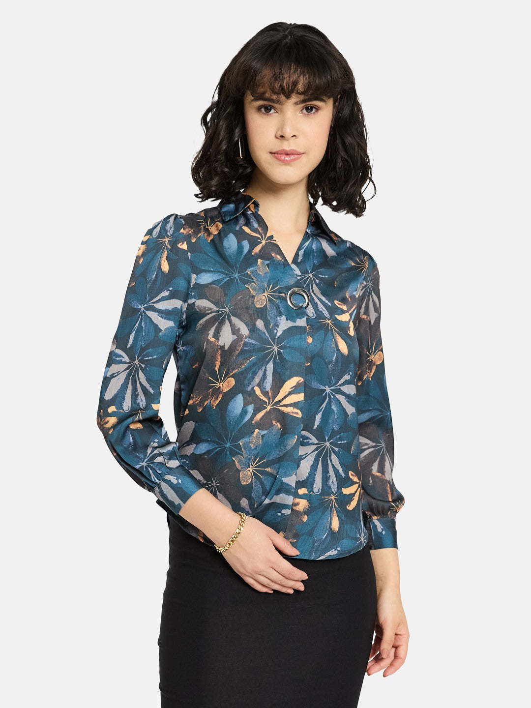 METTLE Women Teal Floral Print Cotton Top
