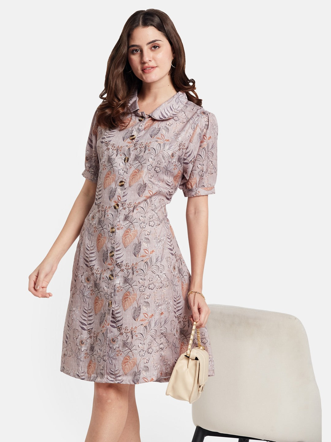 METTLE Women Floral Printed Puff Sleeves Cotton Shirt Dress