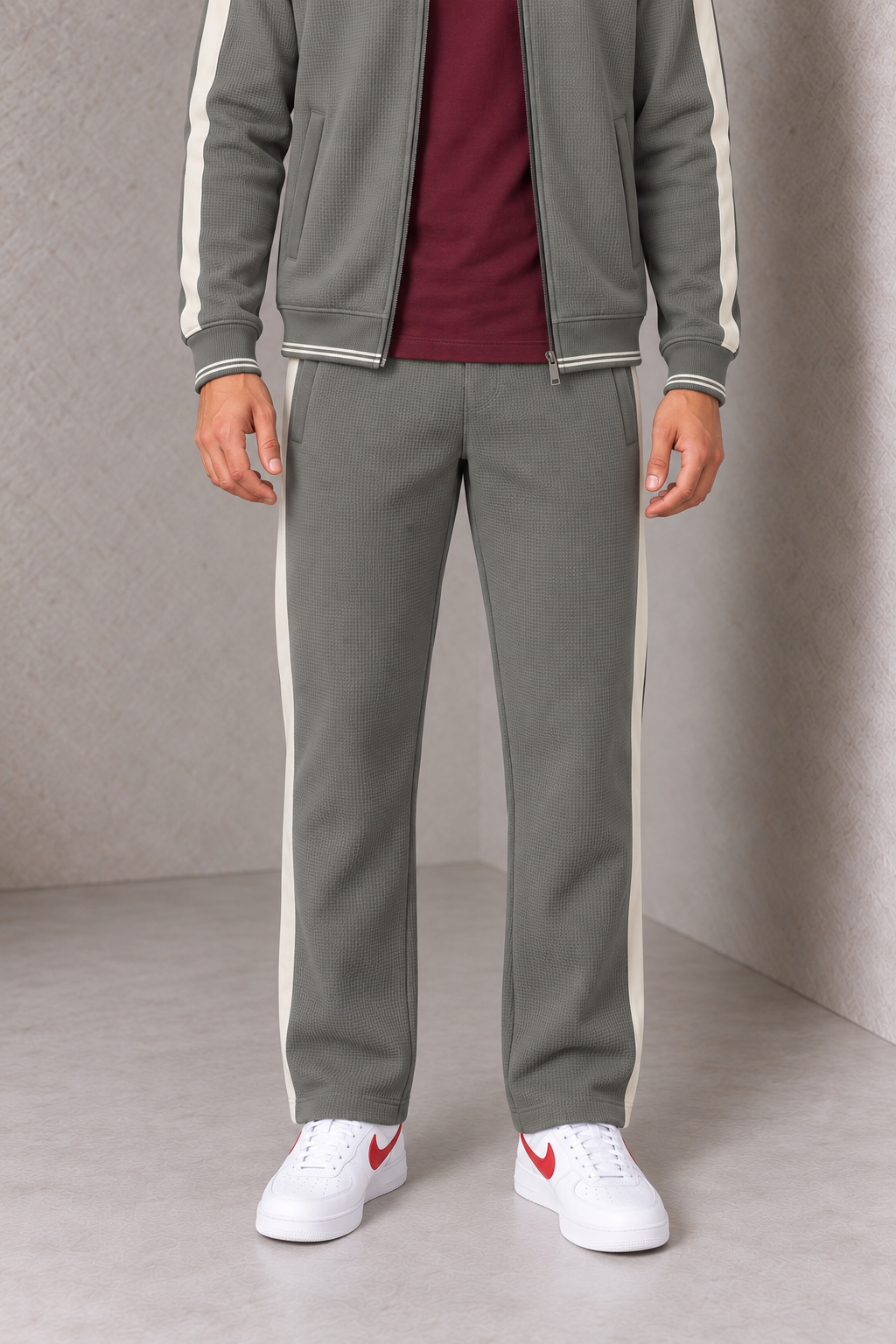 Men’s Sage Waffle Bonded Straight-Leg Tracksuit Lower with Contrast Side Stripes