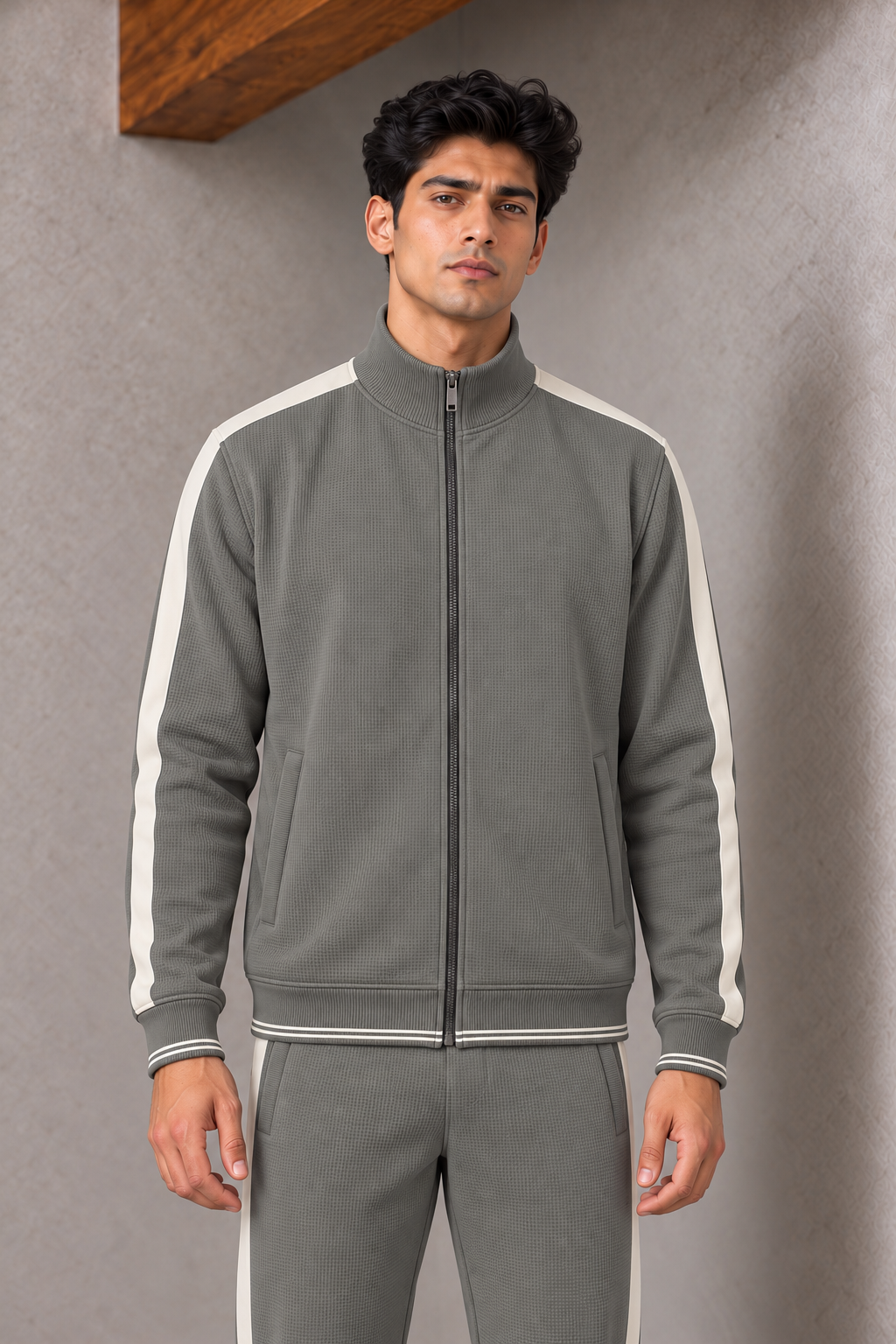 Men’s Sage Waffle Bonded Full-Zip Tracksuit Upper with Contrast Sleeve Stripes