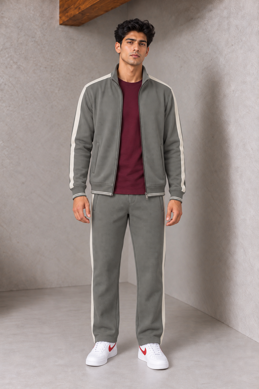 Men’s Sage Waffle Bonded Full-Zip Tracksuit Upper with Contrast Sleeve Stripes