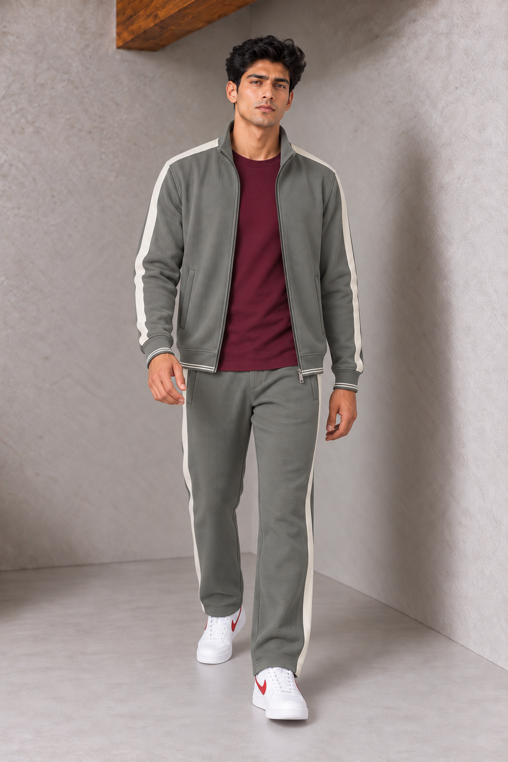 Men’s Sage Waffle Bonded Full-Zip Tracksuit Upper with Contrast Sleeve Stripes