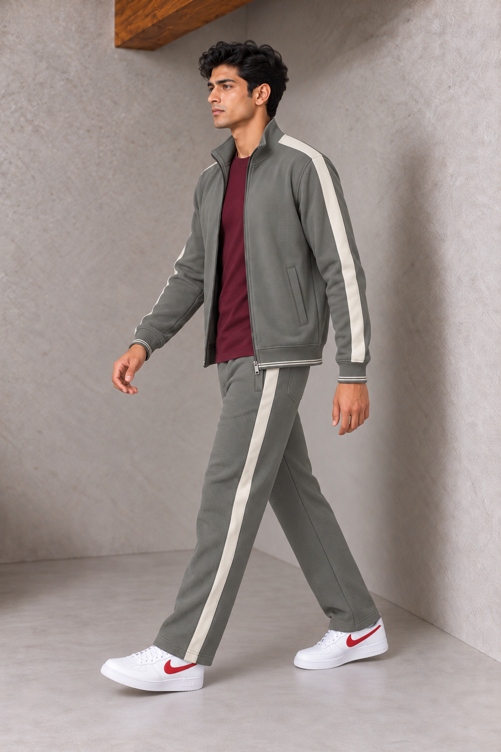 Men’s Sage Waffle Bonded Full-Zip Tracksuit Upper with Contrast Sleeve Stripes