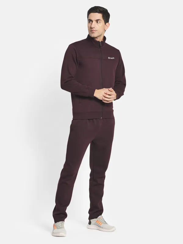 Men Burgundy Solid Cotton Tracksuit