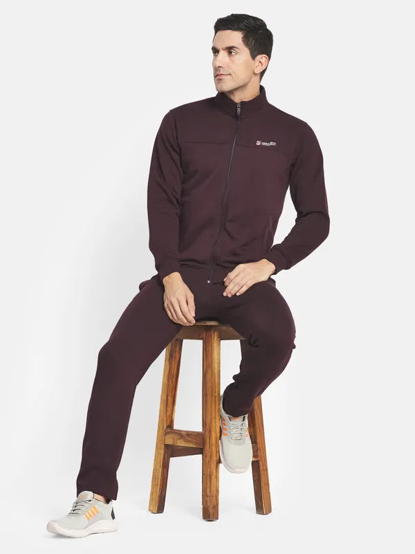 Men Burgundy Solid Cotton Tracksuit