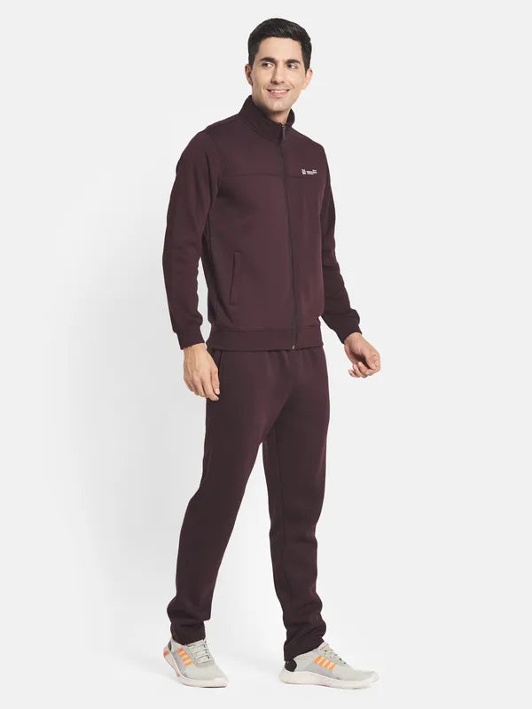 Men Burgundy Solid Cotton Tracksuit