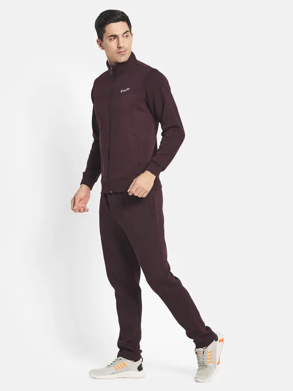 Men Burgundy Solid Cotton Tracksuit