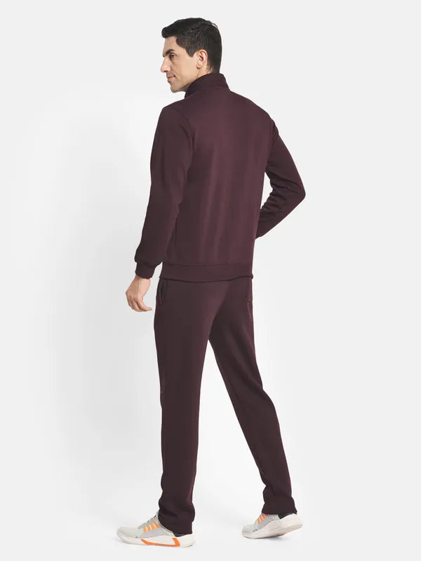 Men Burgundy Solid Cotton Tracksuit