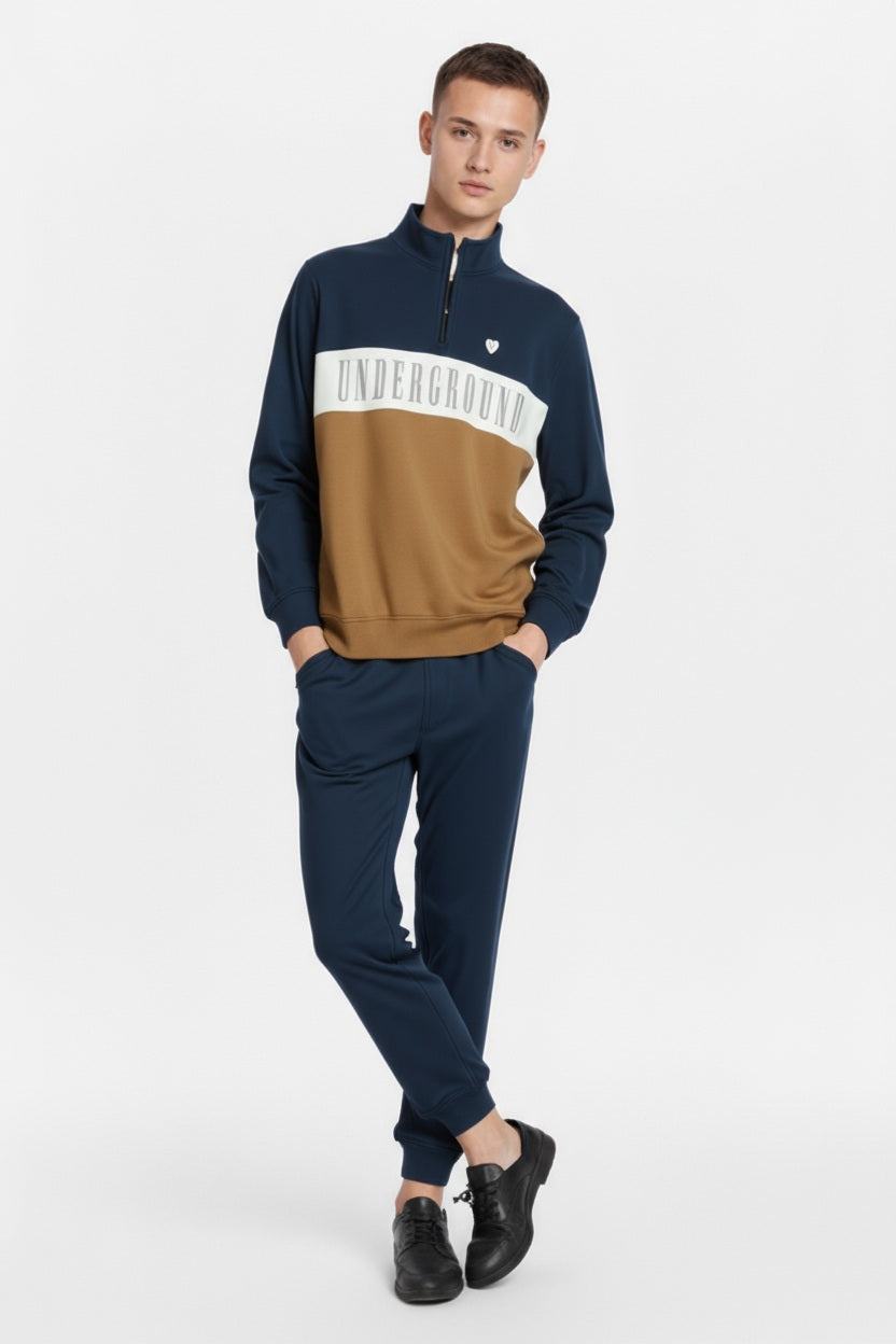 Men Wheat Colourblocked Mock Collar Mid-Rise Tracksuits