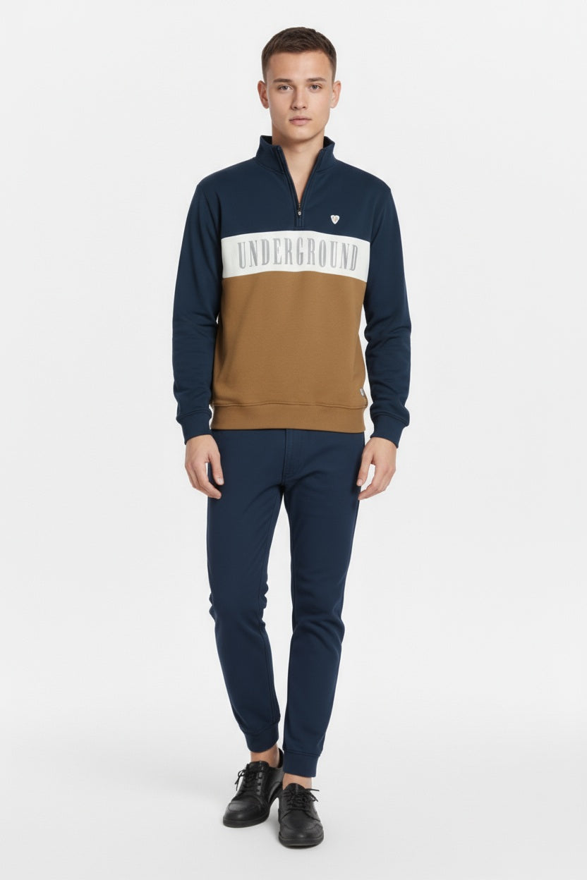 Men Wheat Colourblocked Mock Collar Mid-Rise Tracksuits