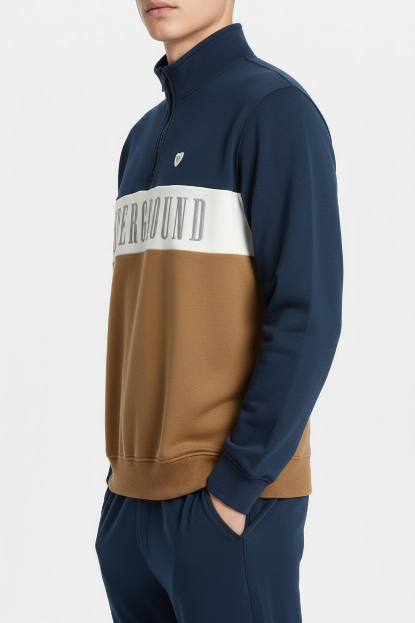 Men Wheat Colourblocked Mock Collar Mid-Rise Tracksuits