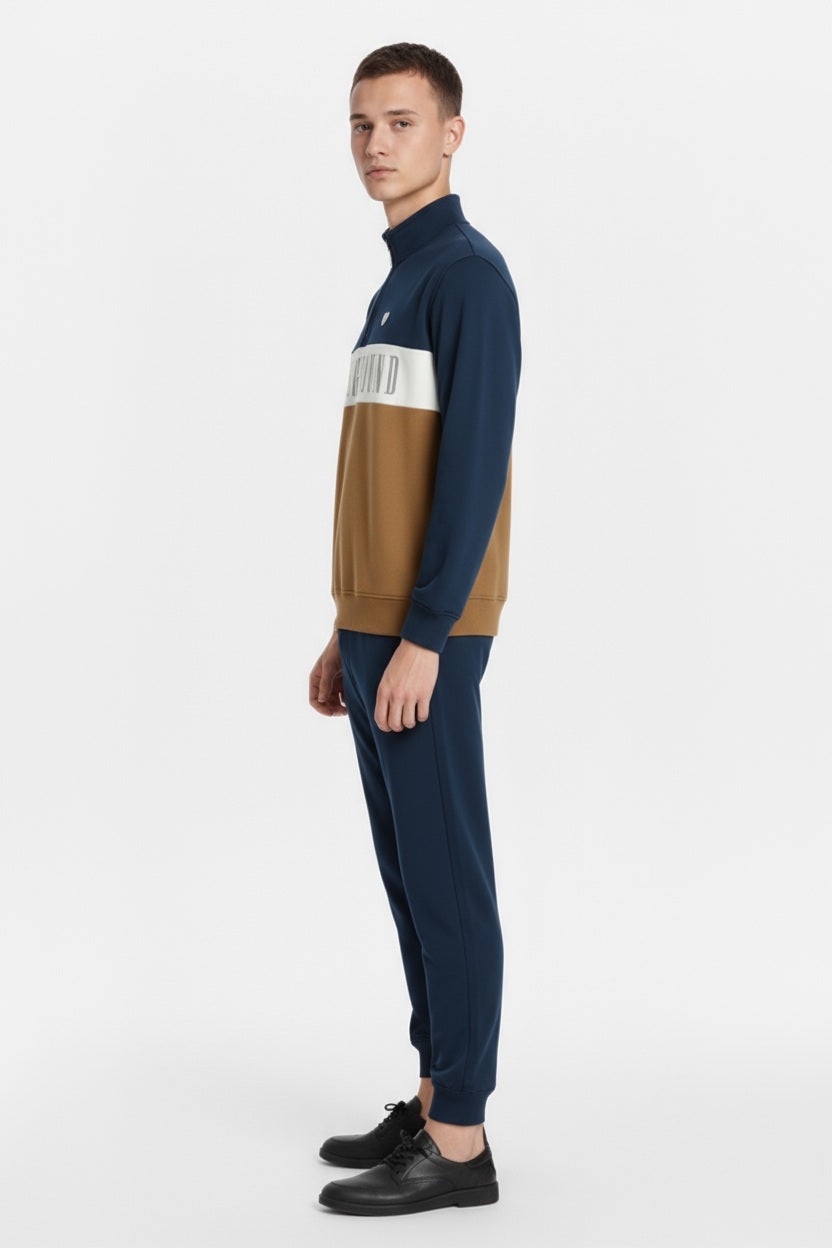 Men Wheat Colourblocked Mock Collar Mid-Rise Tracksuits