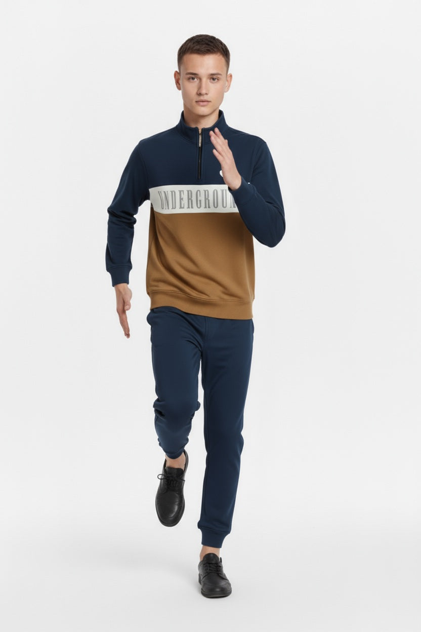 Men Wheat Colourblocked Mock Collar Mid-Rise Tracksuits