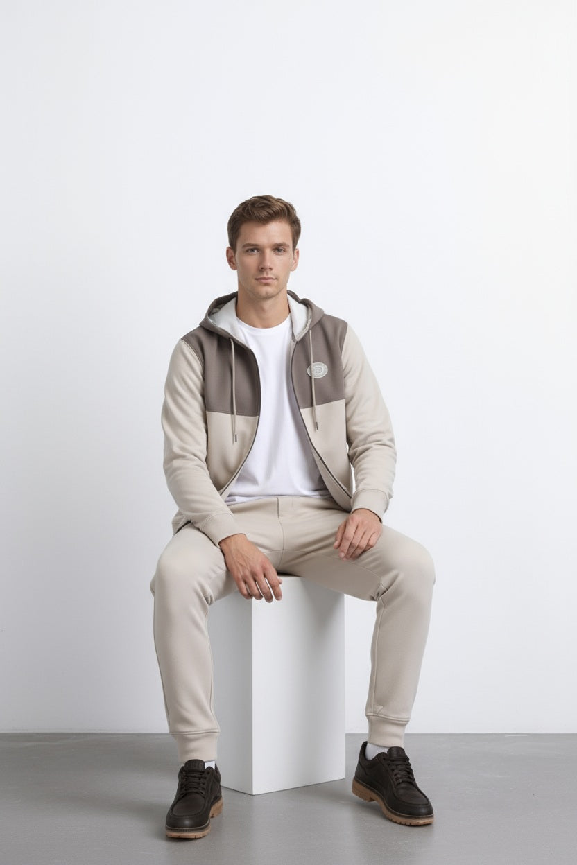 Octave Men Stone Colourblocked Mandarin Neck Sweatshirt