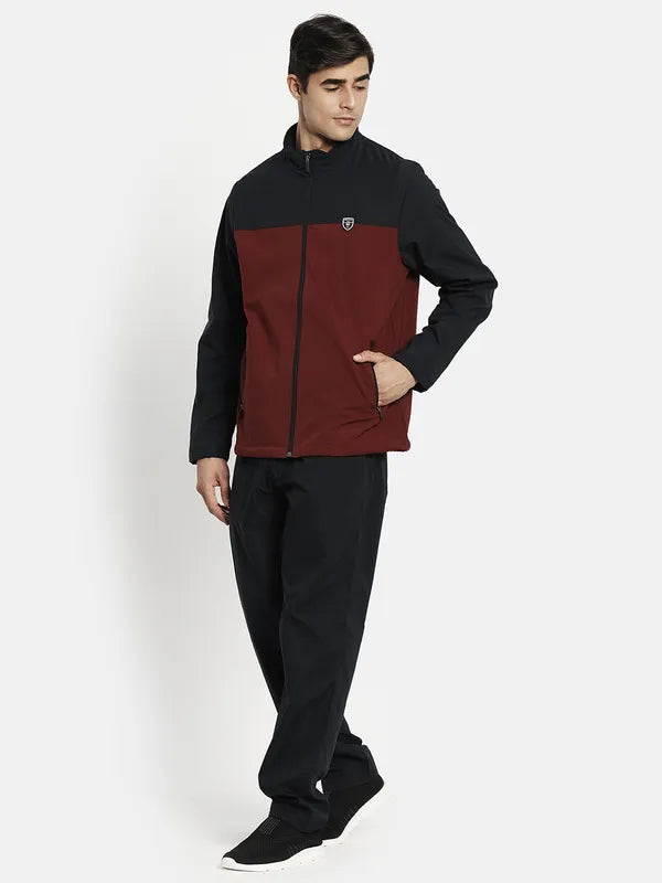 Men Maroon Navy Blue Plus Size Colorblocked Fleece Tracksuits