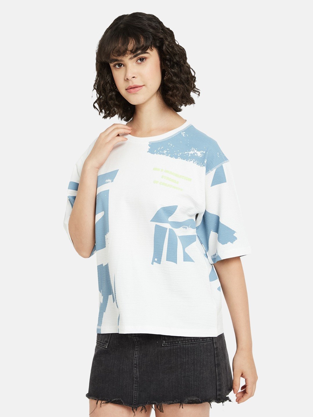 METTLE Women Abstract Printed Round Neck Cotton T-shirt