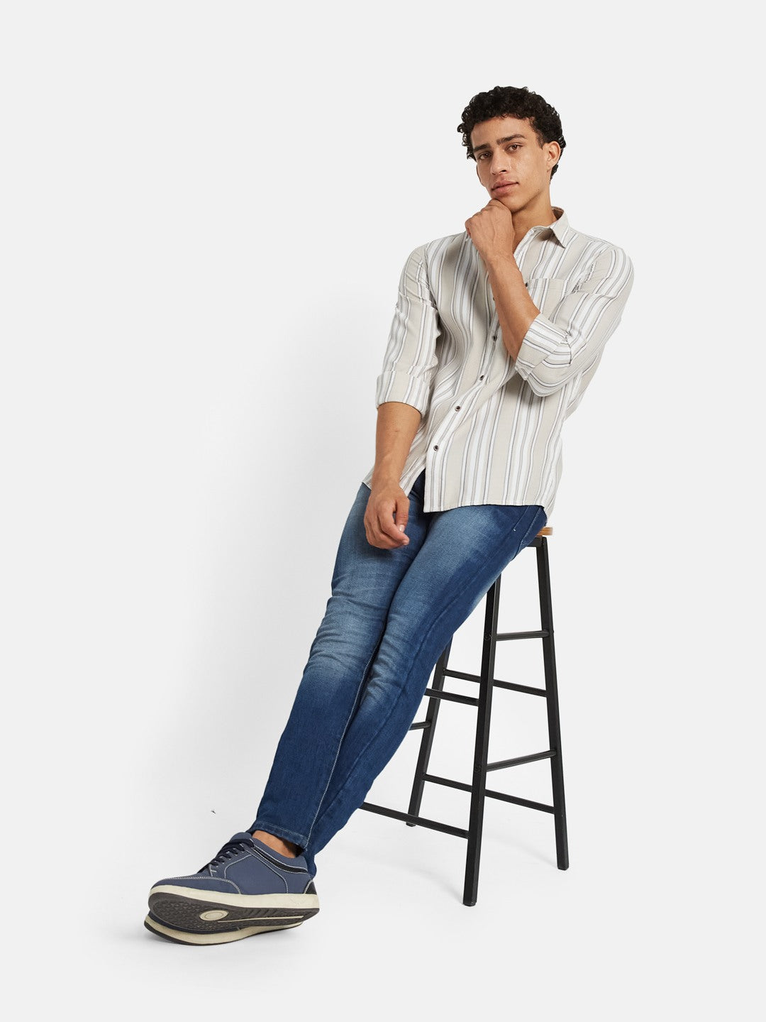 METTLE Men Vertical Striped Spread Collar Cotton Casual Shirt