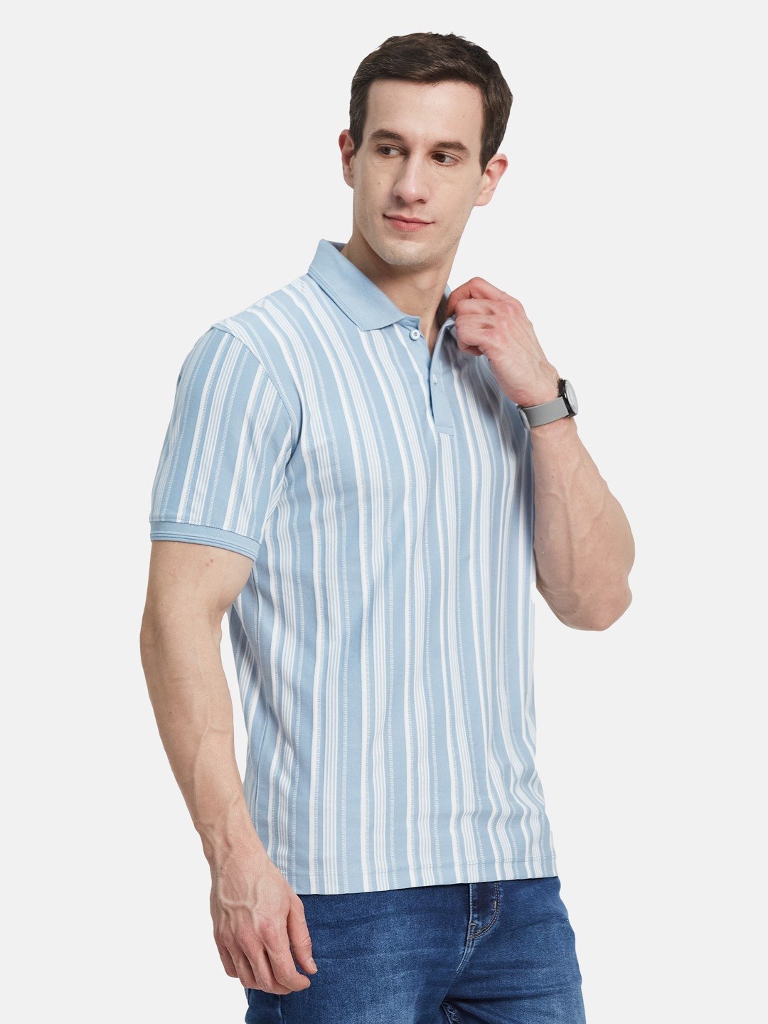 Men Oxford Blue VERTICAL STRIPE POLO NECK T-SHIRT
