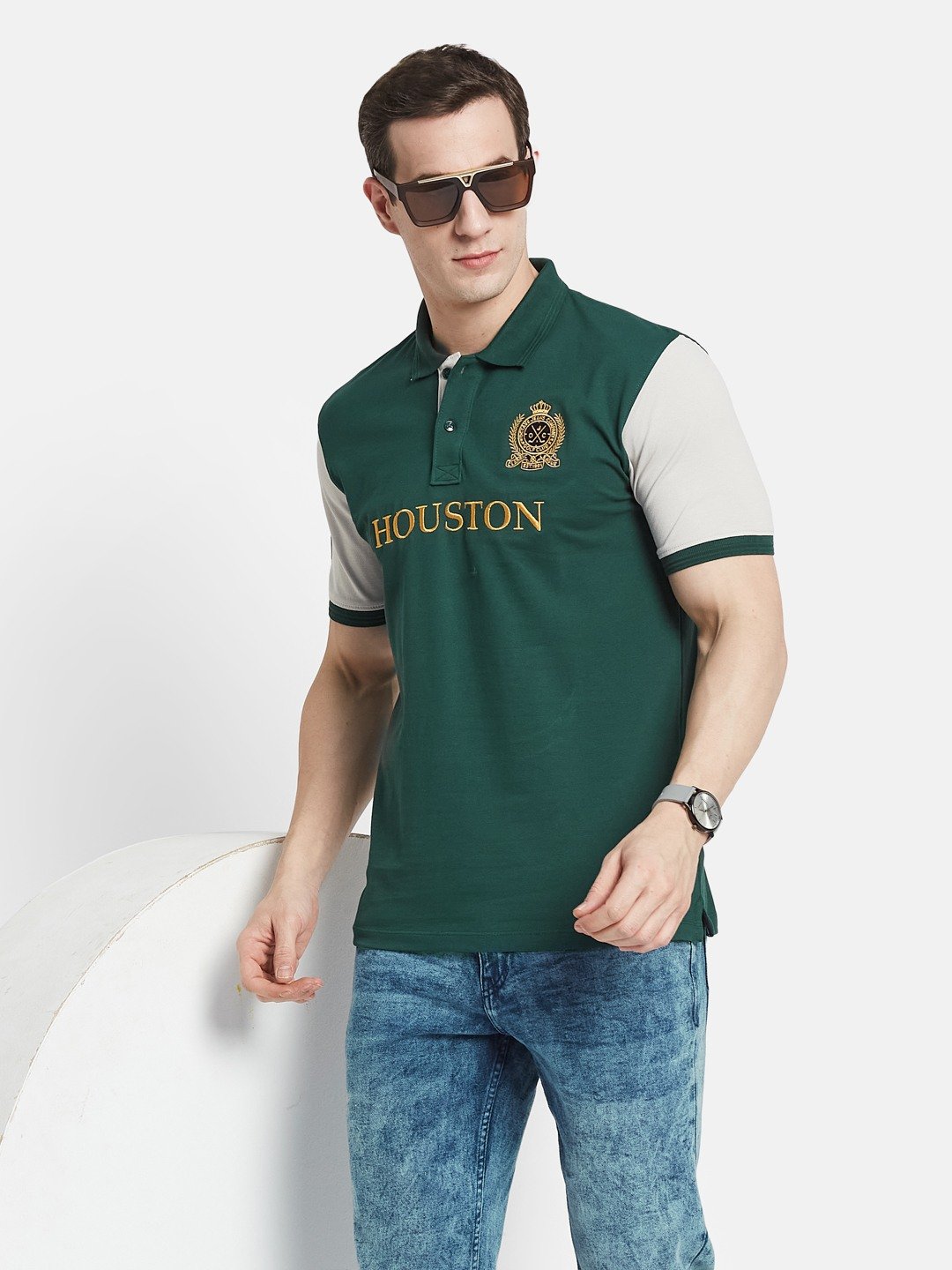 CHEST PRINT POLO NECK EMBROIDED APPLIQUE PIQUE LYCRA T-SHIRT
