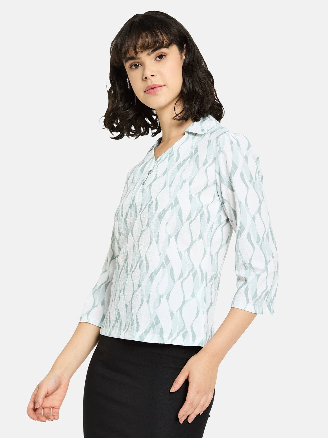 METTLE Mint Printed Cotton Shirt Style Top