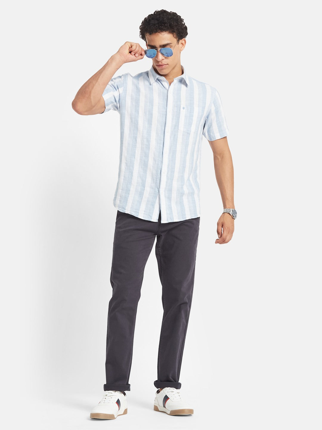 METTLE Men Vertical Striped Spread Collar Cotton Casual Shirt